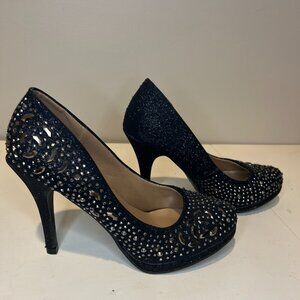 Like New Delicacy Black Cassie -70 Metal Stud Glitter Platform Pump, Size 8.5